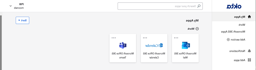 Okta 首页page displaying My Apps. The account login is at the top right corner of the page to the right of the search bar